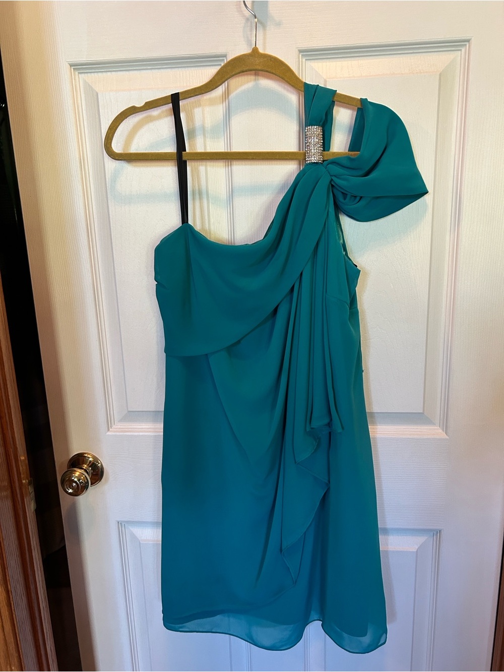 One-Shoulder Teal Cocktail Dress with Draped Bow and Accent Strap